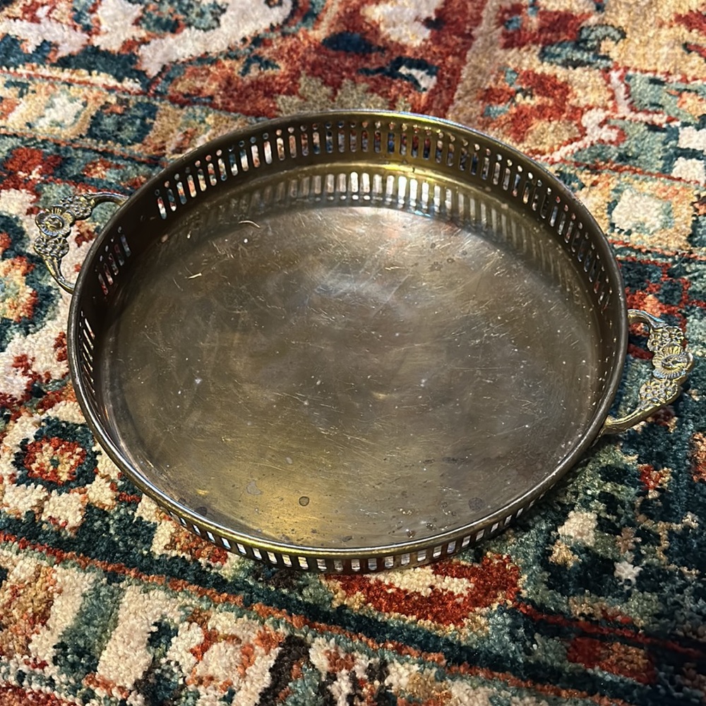 9” Vintage Brass Tray with Floral Handles